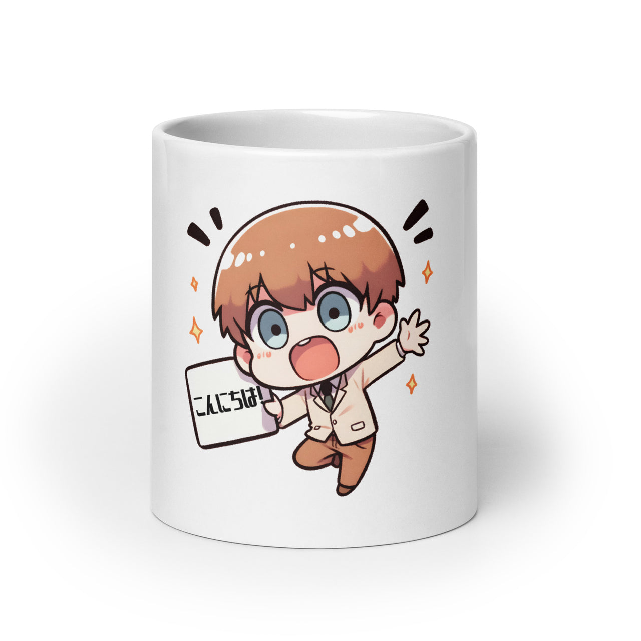 Hello Anime Boy Konnichiwa! in Japanese White Mug