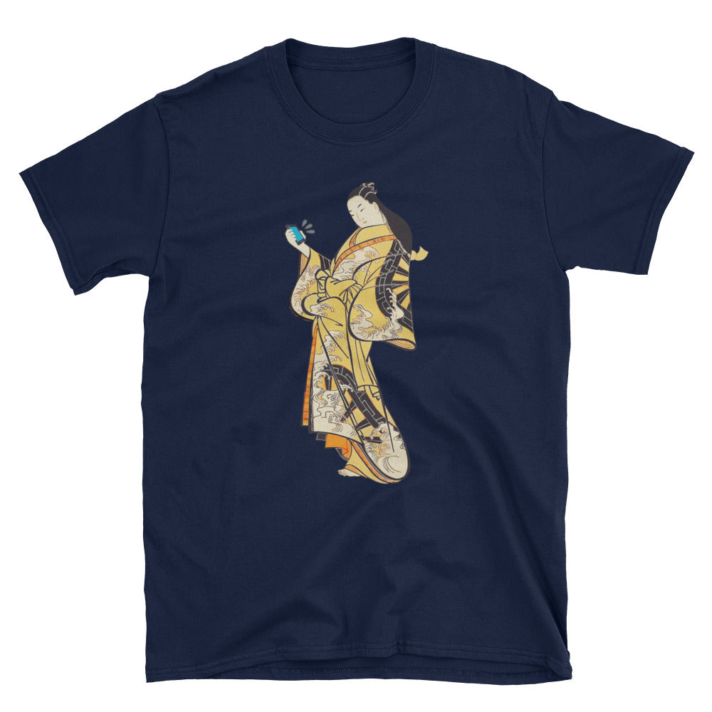 Japanese Bijin Ukiyoe in Kimono with Smart Phone Short-Sleeve Unisex T-Shirt - The Japan Shop