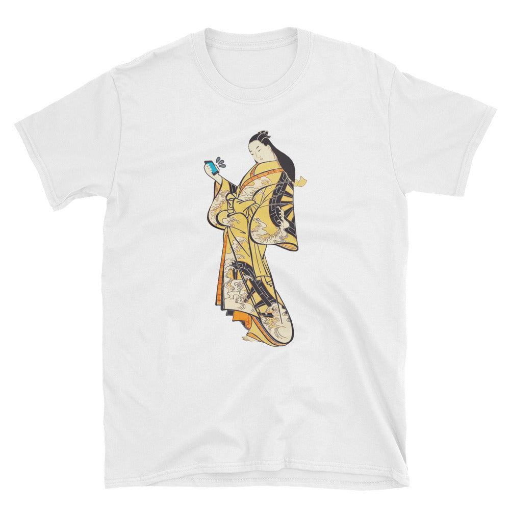 Japanese Bijin Ukiyoe in Kimono with Smart Phone Short-Sleeve Unisex T-Shirt - The Japan Shop