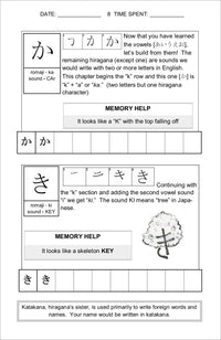 Hiragana the Basics of Japanese: ka and ki lesson page with memory helps and practice boxes