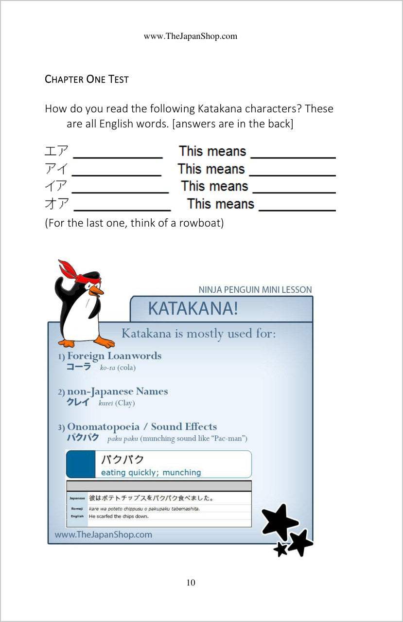 Katakana the Basics of Japanese: chapter test and Ninja Penguin mini lesson