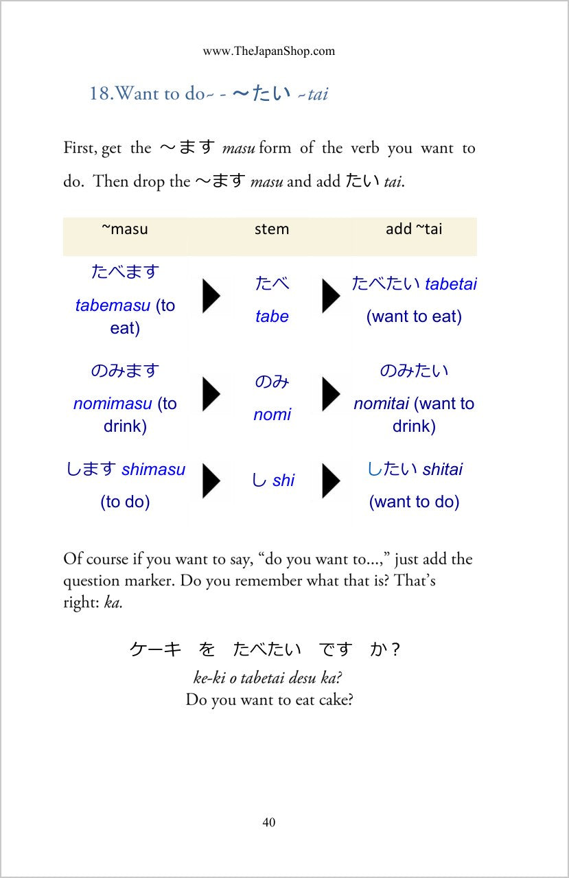 Japanese Grammar 100: want to do, the tai form, with a masu-stem table