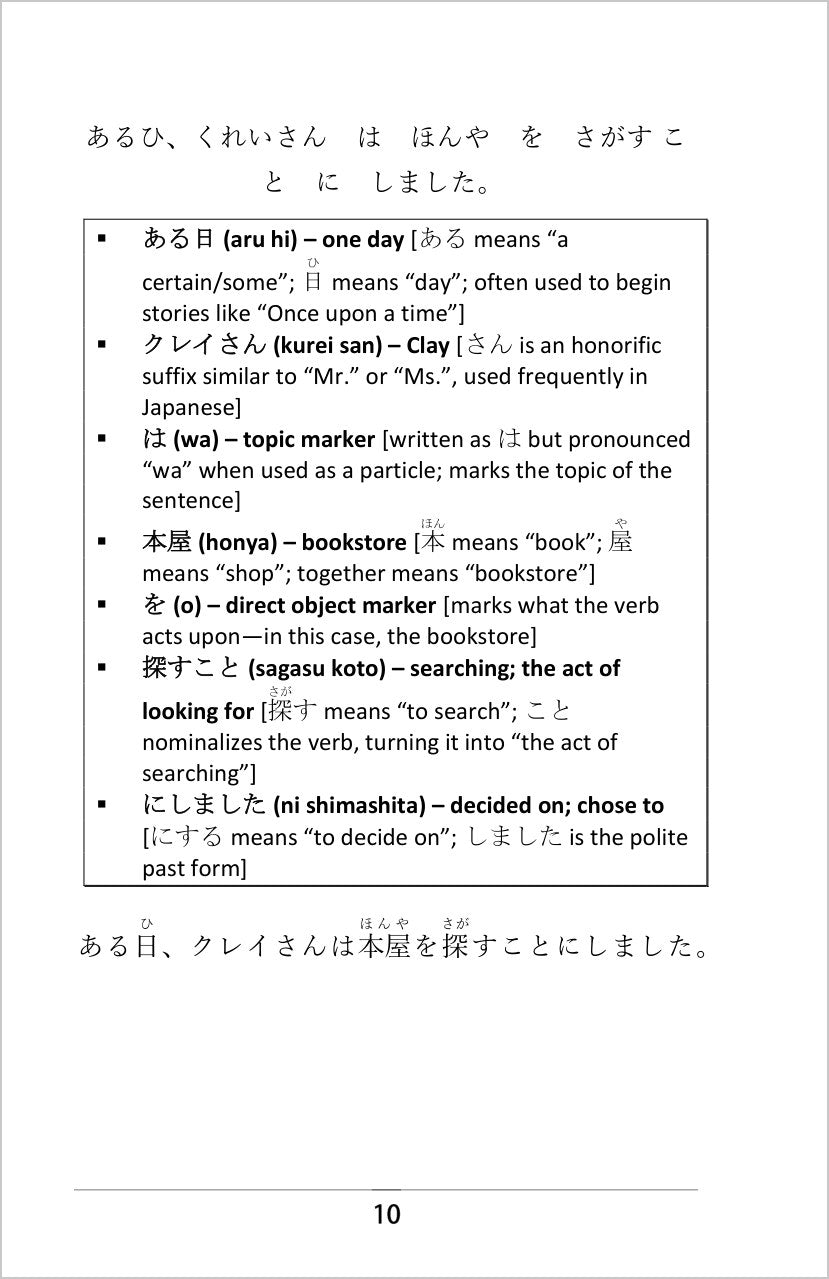 Yonde Miyo graded reader: a story sentence in hiragana with a word-by-word vocabulary breakdown