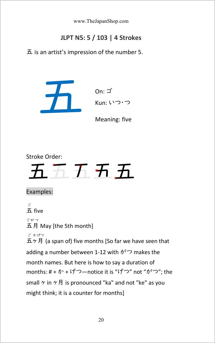 JLPT N5 Kanji: the kanji five with readings, stroke order and example words