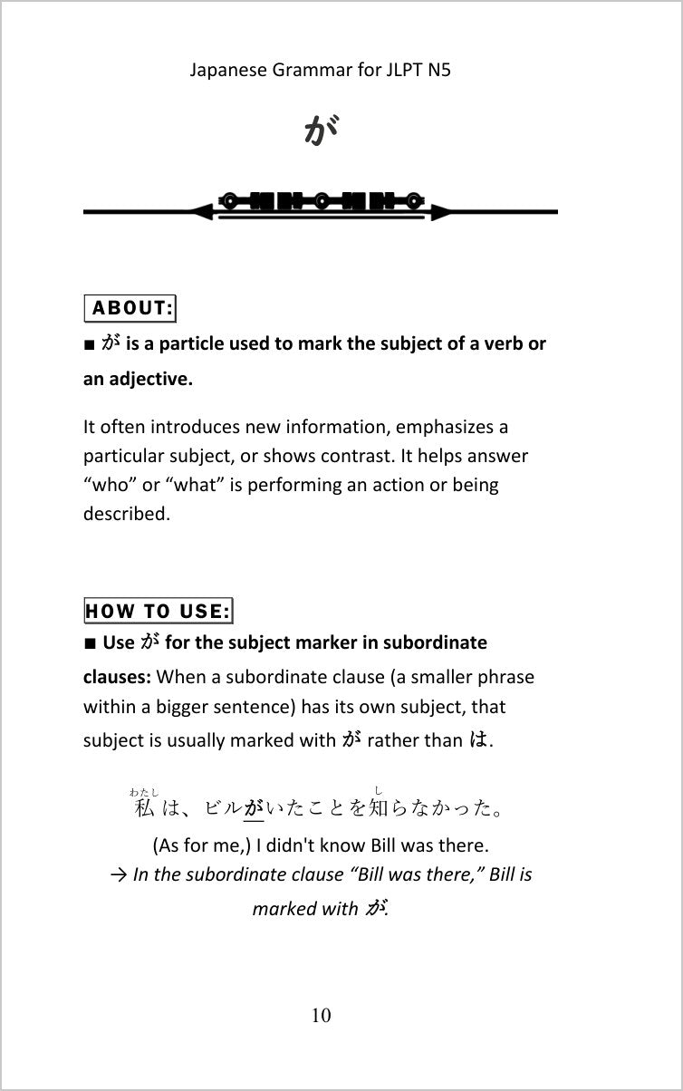 JLPT N5 Grammar: the particle ga, about and how to use, with an example sentence