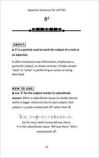 JLPT N5 Grammar: the particle ga, about and how to use, with an example sentence