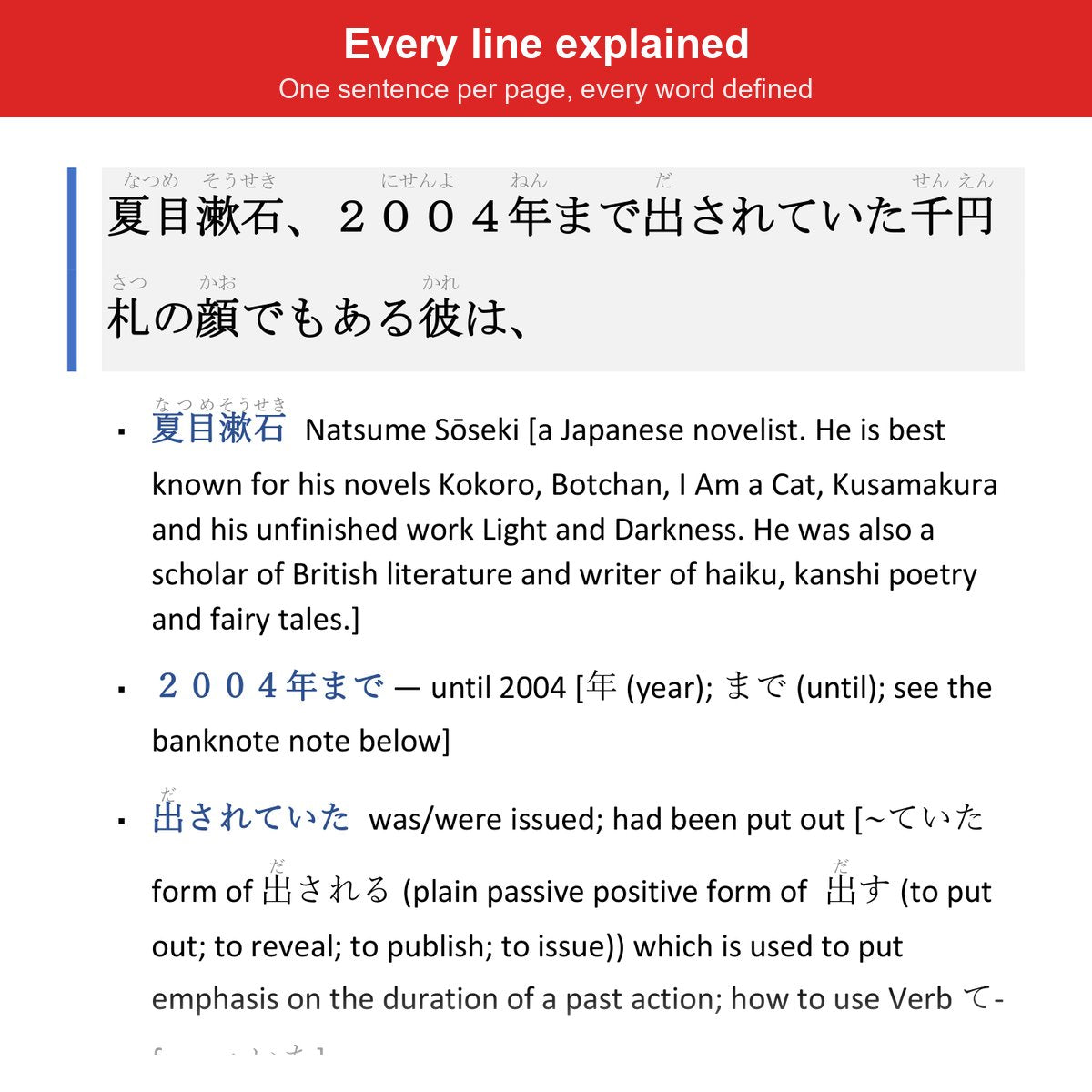 Inside the book: one sentence per page with furigana and every word defined