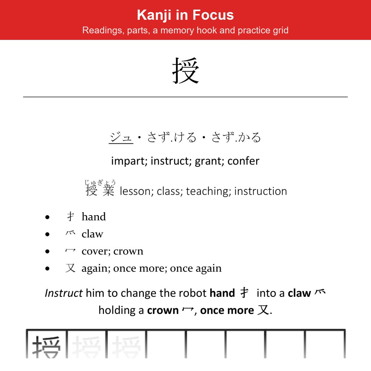 Inside the book: a Kanji in Focus page with readings, parts, a memory hook and practice grid