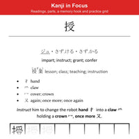 Inside the book: a Kanji in Focus page with readings, parts, a memory hook and practice grid