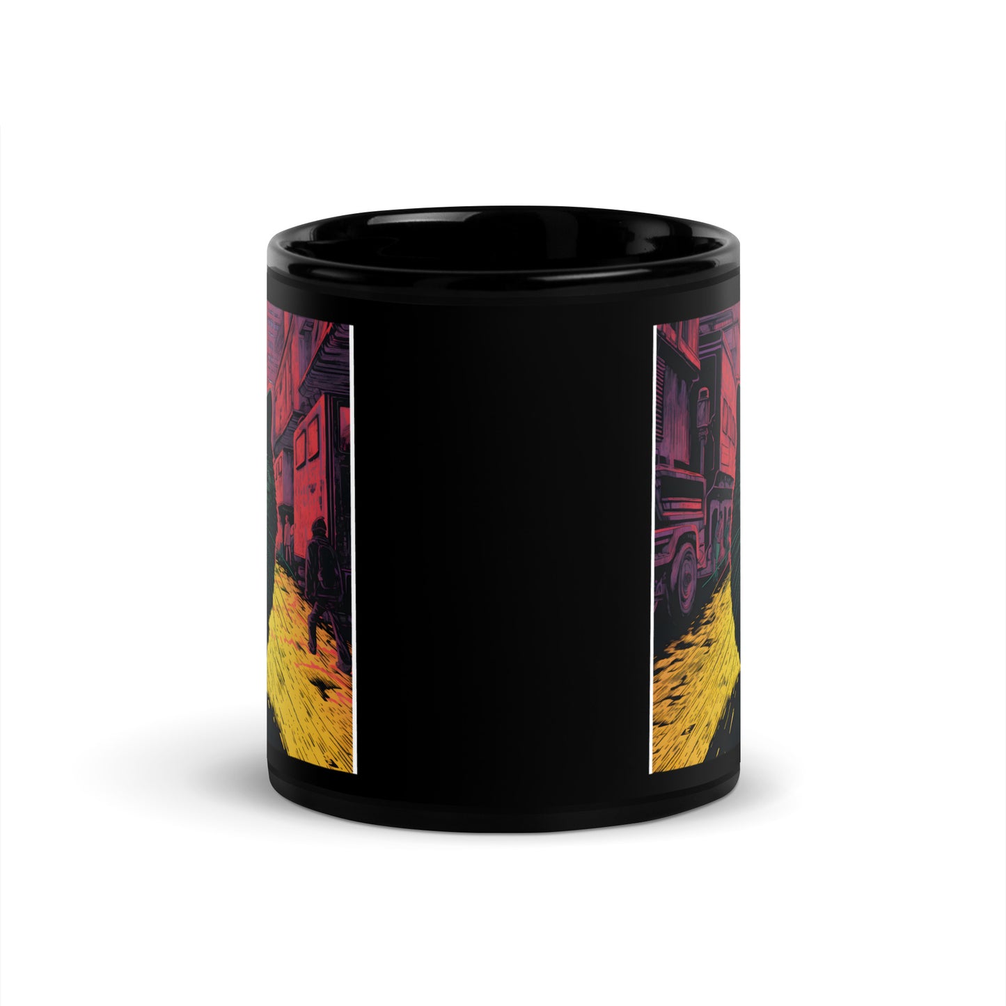 Urban Feline: Giant Cat in Cityscape Black Mug