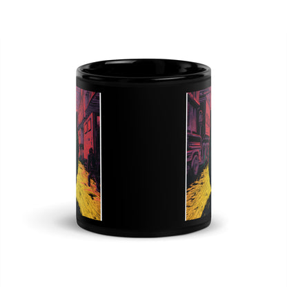 Urban Feline: Giant Cat in Cityscape Black Mug