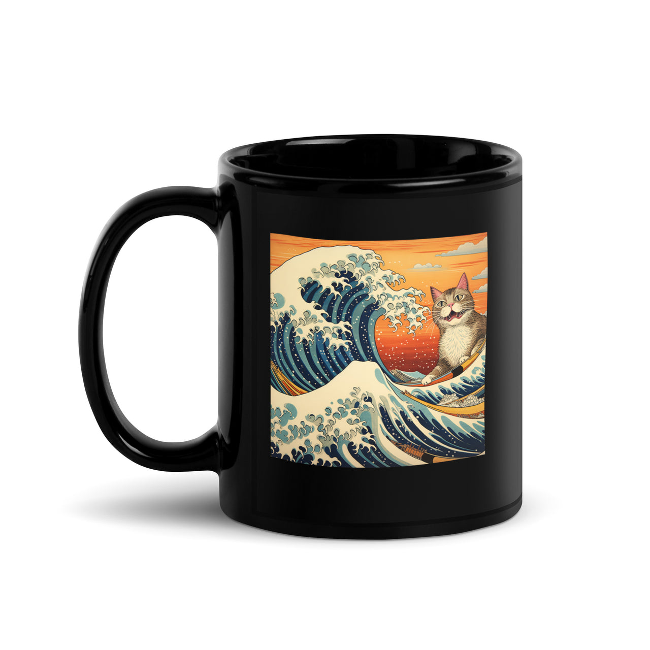Meowing Edo Cat Ukiyo-e Surfer Black Mug