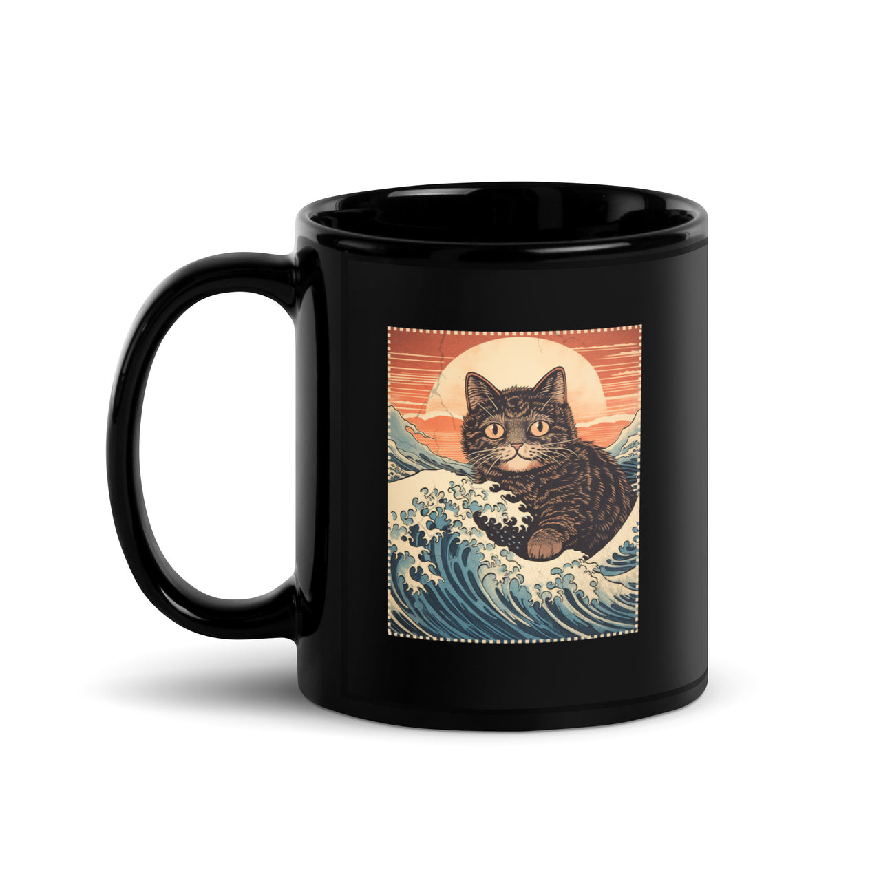Ukiyo-e Cat Rides the Wave Black Mug