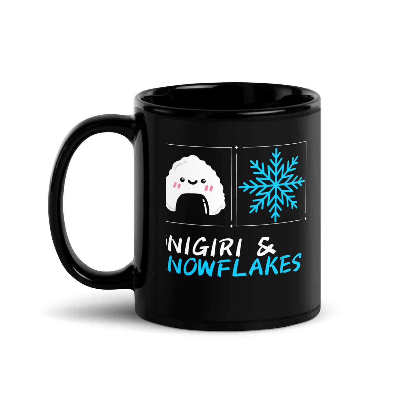 Onigiri and Snowflakes Black Mug
