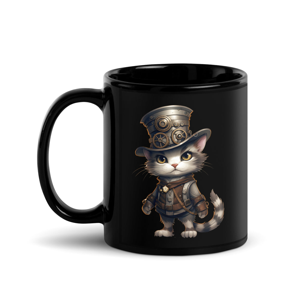 Steampunk Anime Cat Gear Up Black Mug
