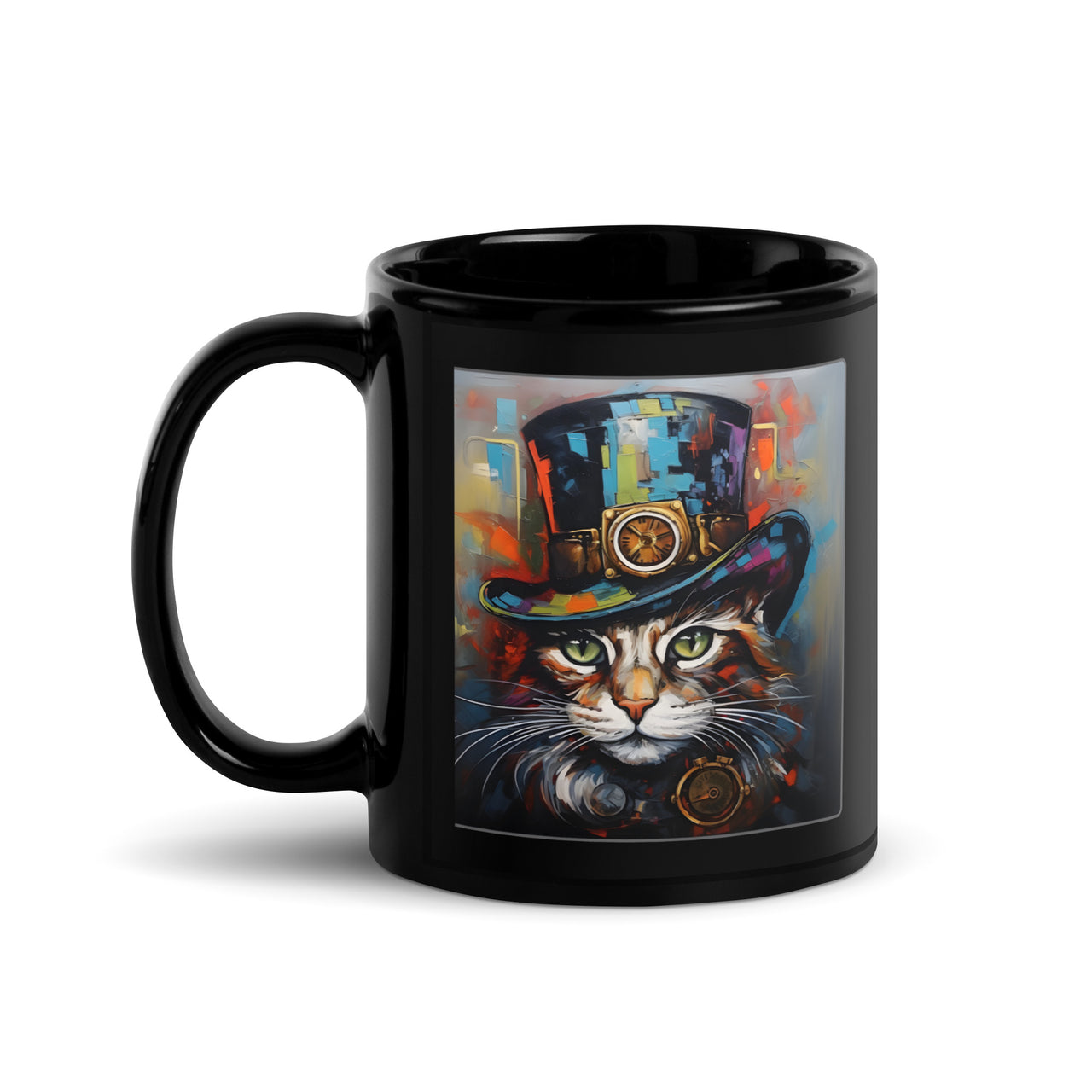 Abstract Steampunk Cat Mechanical Chic Black Mug