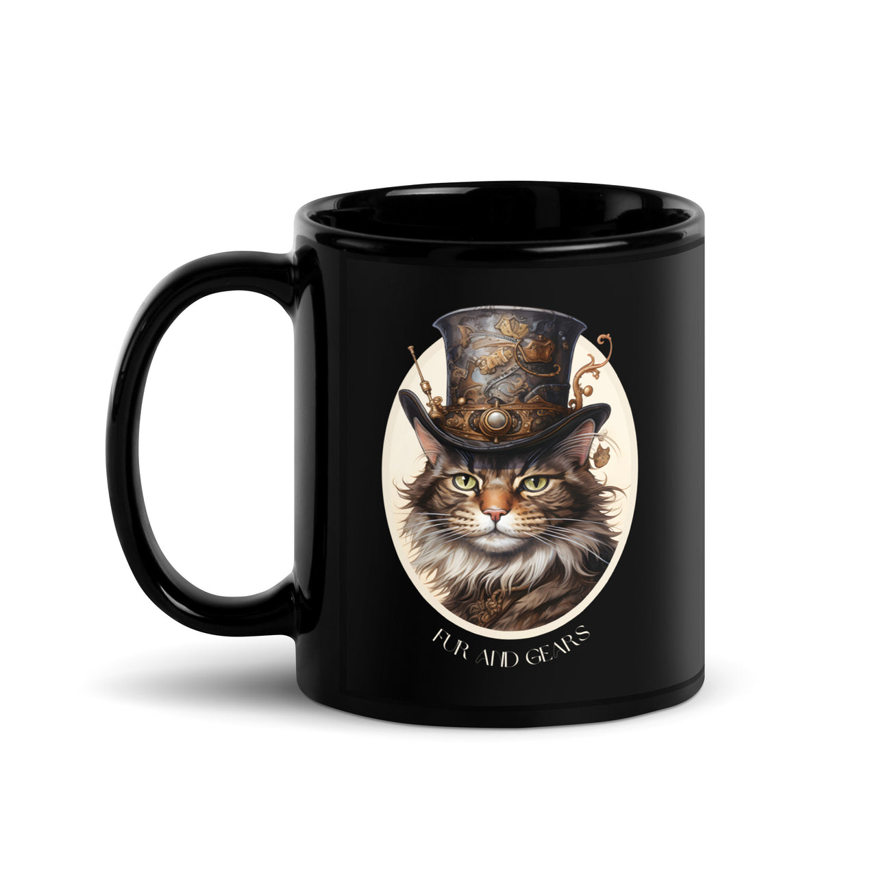 Steampunk Cat in Realism Fur and Gears Black Mug