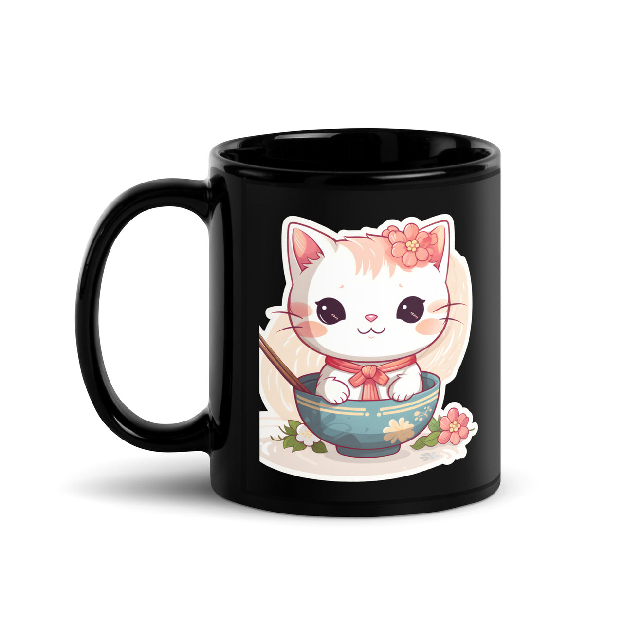 Sorry, No Ramen: Anime Cat in Bowl Black Mug