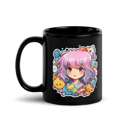 Kawaii Kingdom Anime Girl Cute Critters Black Mug