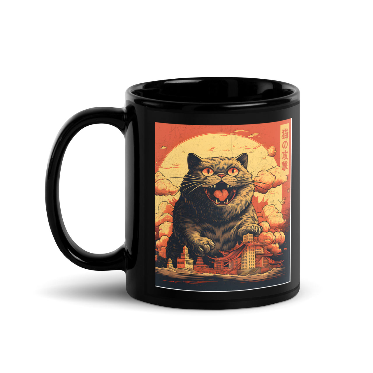 Attack of Cat Ukiyo-e Feline Invasion Black Mug