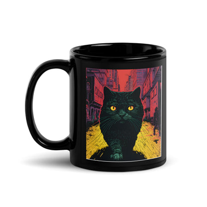 Urban Feline: Giant Cat in Cityscape Black Mug