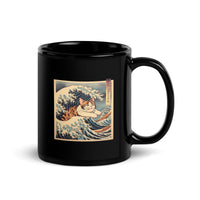 Thumbnail for Riding the Wave - Ukiyo-e Cat Art Black Mug