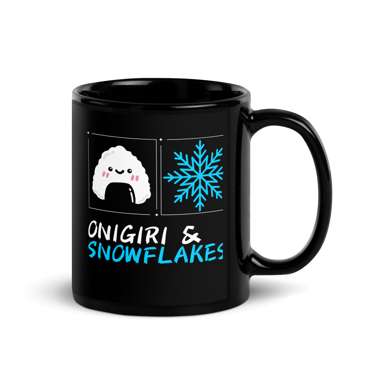 Onigiri and Snowflakes Black Mug