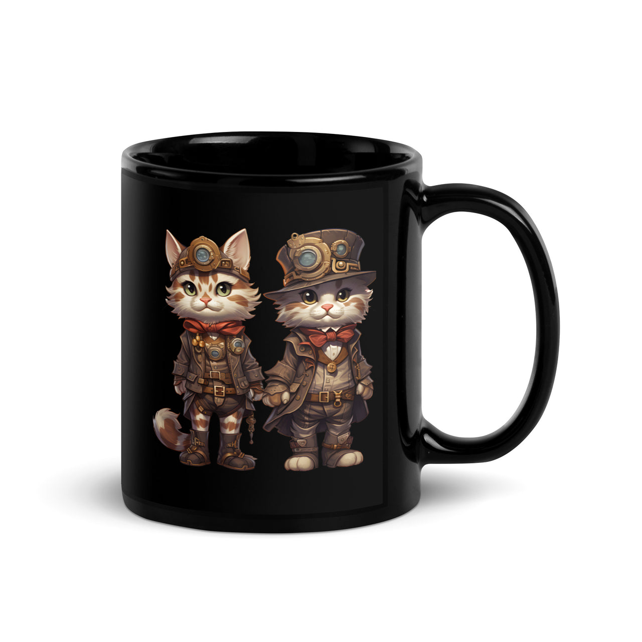 Steampunk Cats Gears and Goggles Black Mug
