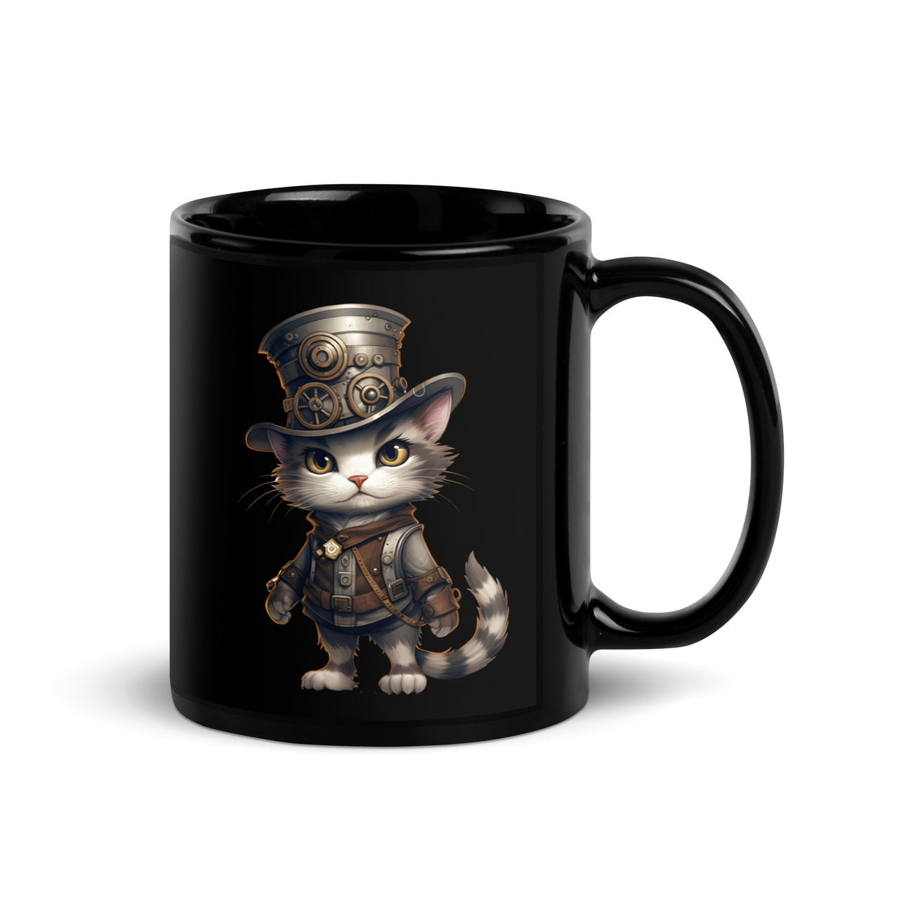 Steampunk Anime Cat Gear Up Black Mug
