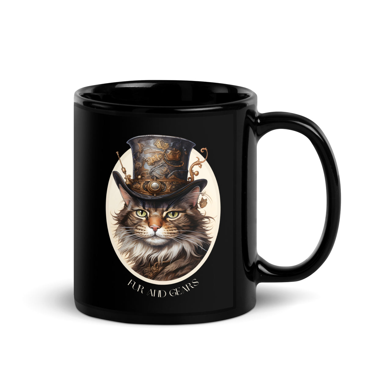 Steampunk Cat in Realism Fur and Gears Black Mug