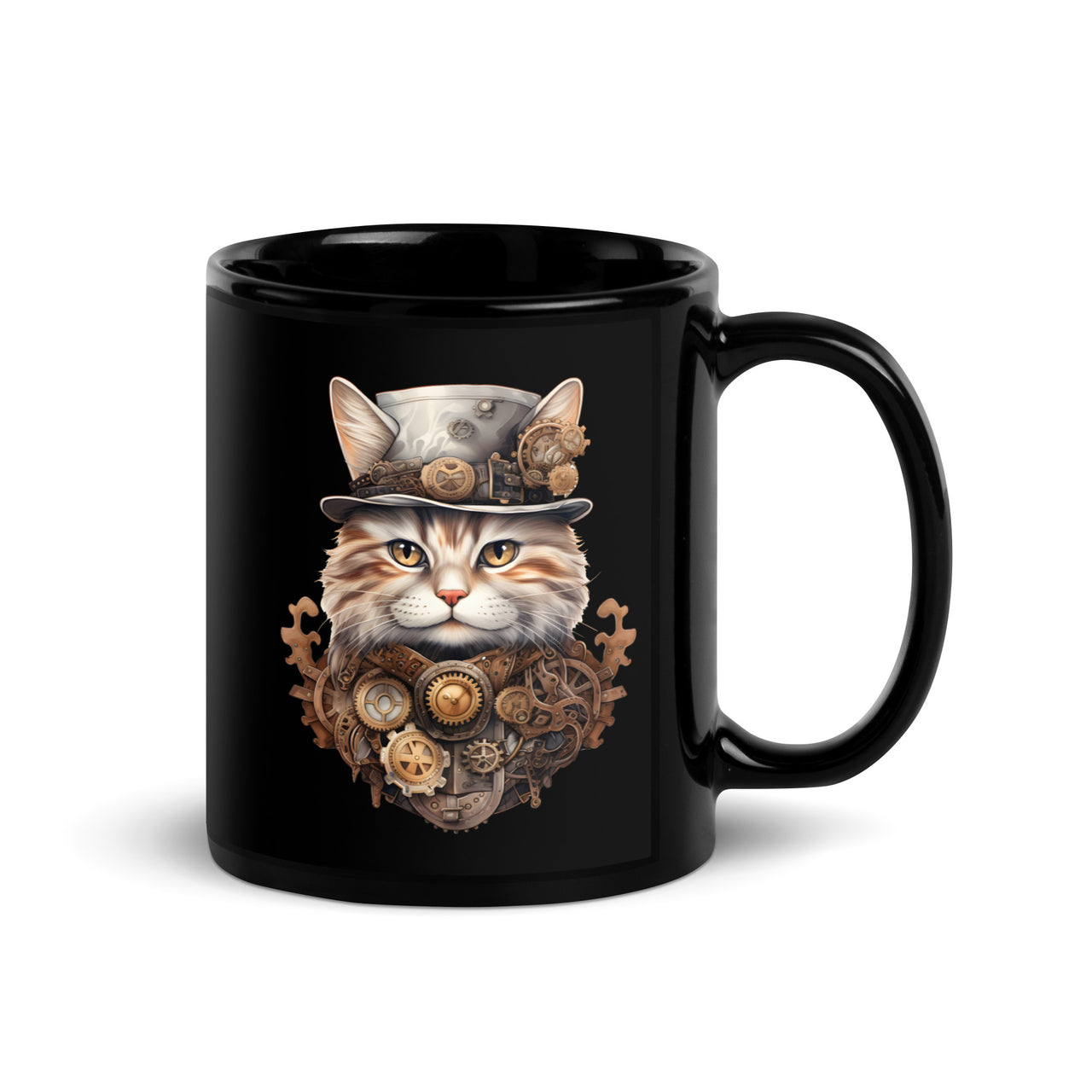 Steampunk Cat: Top Hat & Gears Black Mug