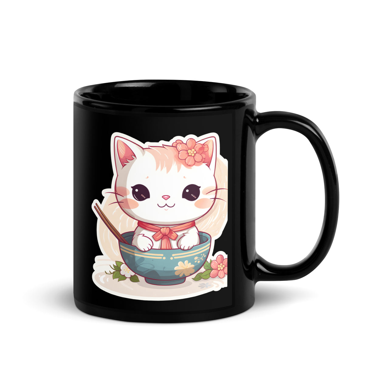 Sorry, No Ramen: Anime Cat in Bowl Black Mug