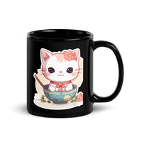 Thumbnail for Sorry, No Ramen: Anime Cat in Bowl Black Mug