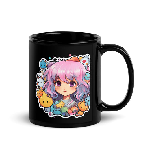 Kawaii Kingdom Anime Girl Cute Critters Black Mug