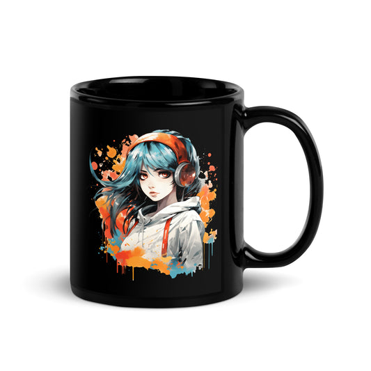 Anime Beats: Girl with Headphones Black Mug