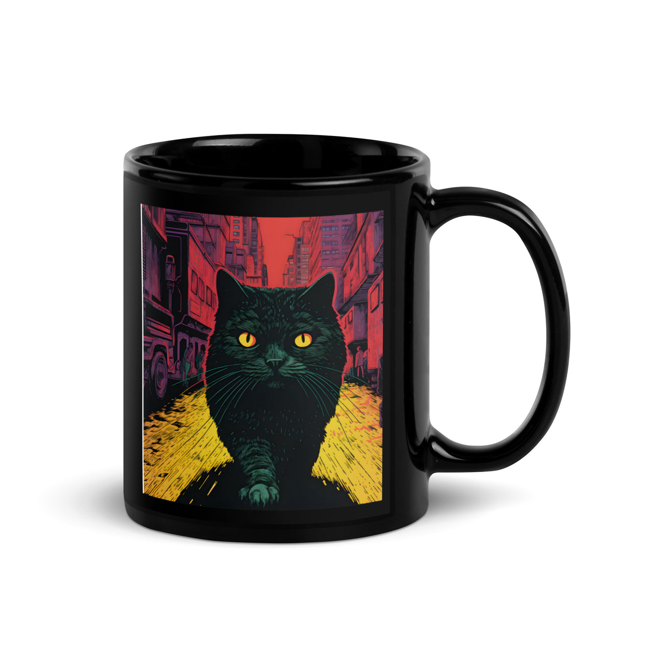 Urban Feline: Giant Cat in Cityscape Black Mug
