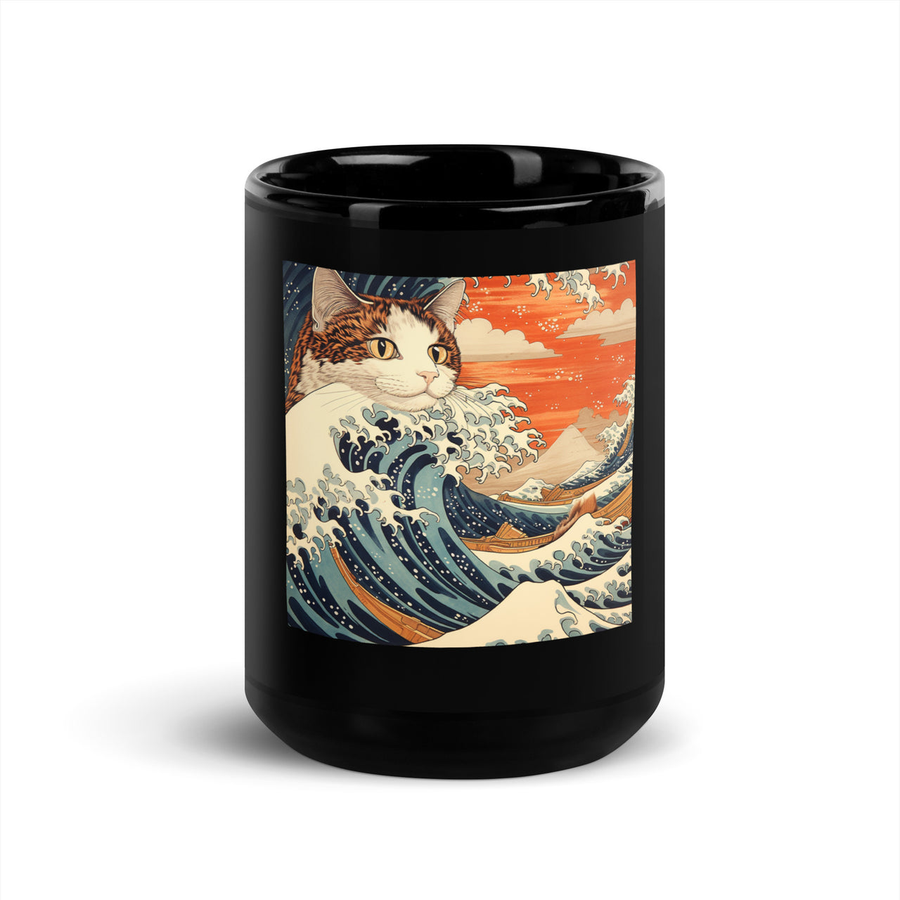Ukiyo-e Cats Riding the Great Wave Black Mug