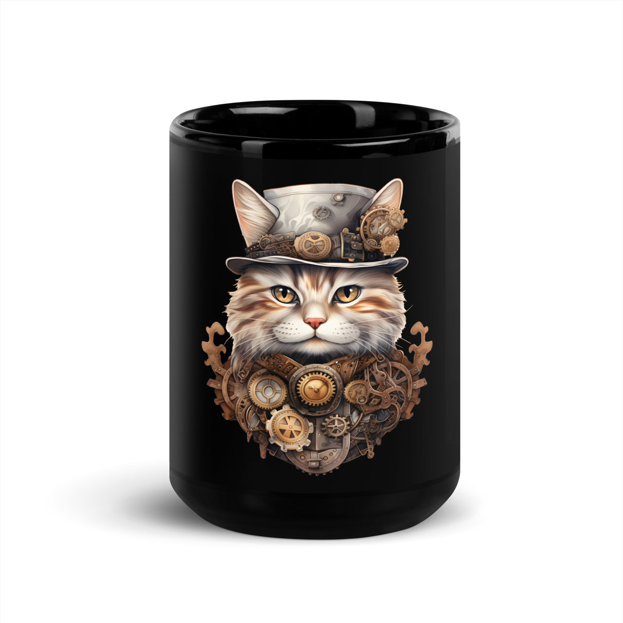 Steampunk Cat: Top Hat & Gears Black Mug