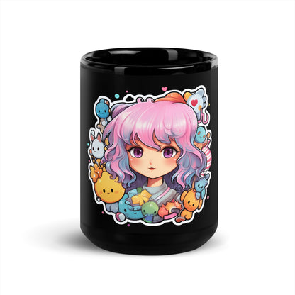 Kawaii Kingdom Anime Girl Cute Critters Black Mug