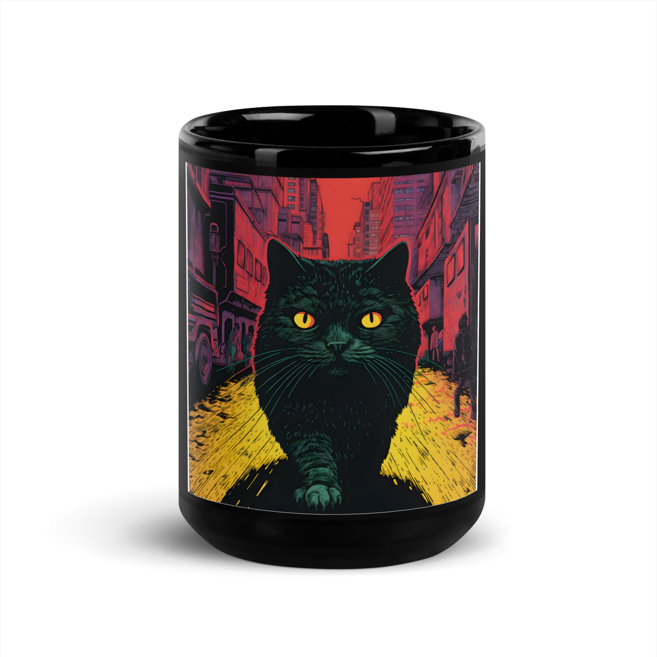 Urban Feline: Giant Cat in Cityscape Black Mug