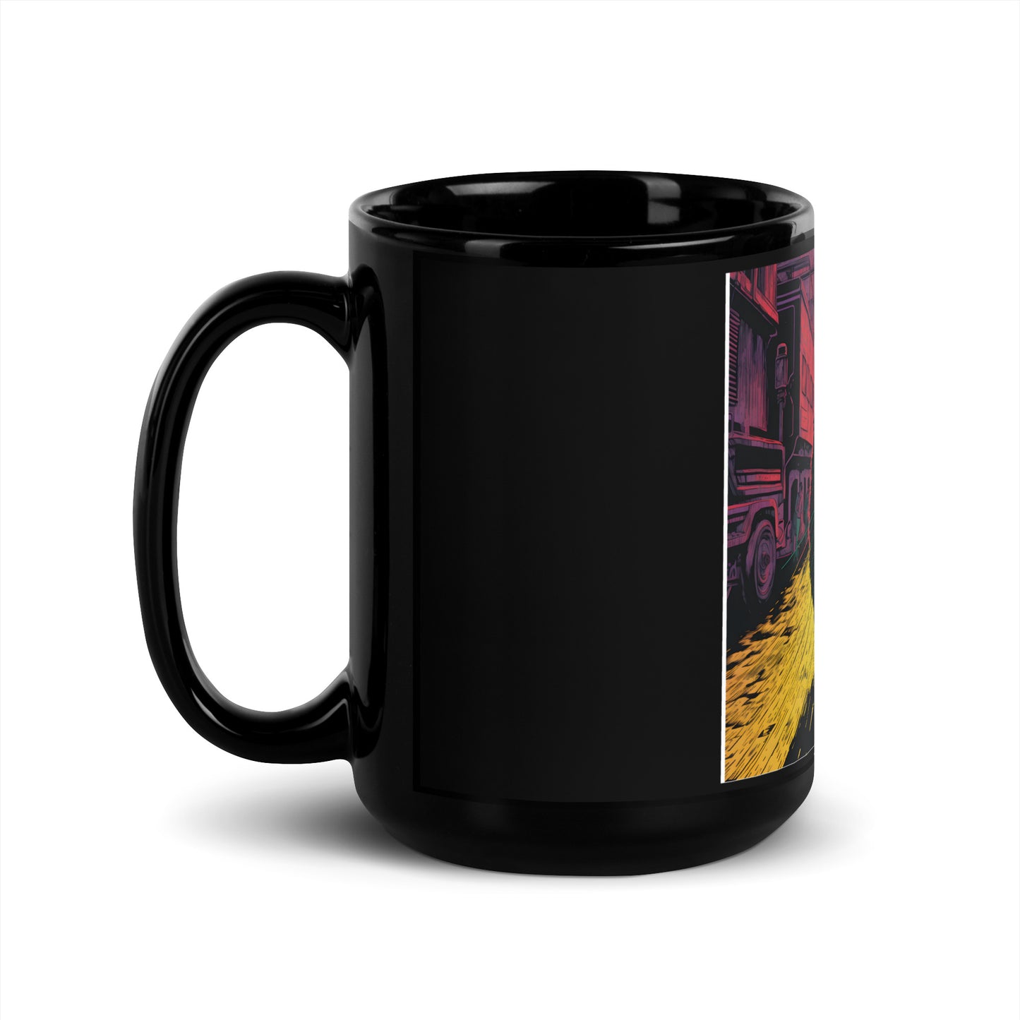 Urban Feline: Giant Cat in Cityscape Black Mug