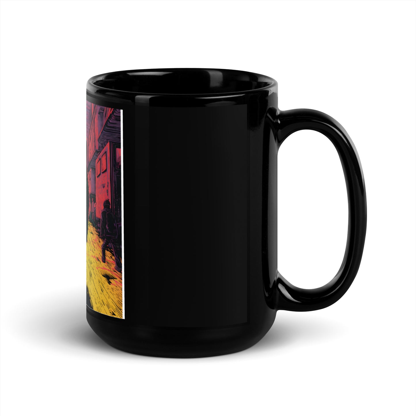 Urban Feline: Giant Cat in Cityscape Black Mug