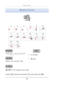Kanji in Focus page for the character 鳴, with a numbered stroke-order diagram, readings, meaning, component parts, and a mnemonic