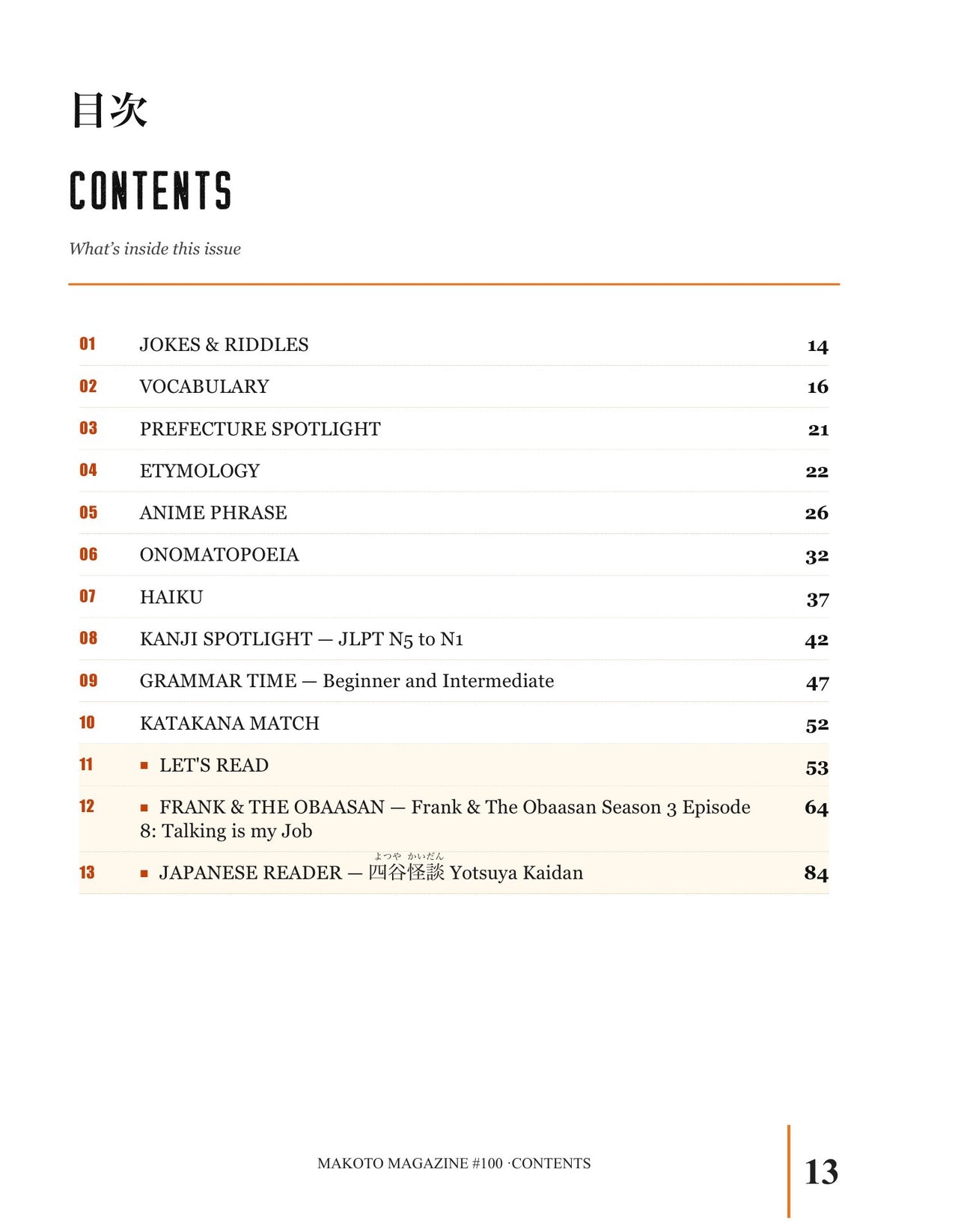 Makoto Magazine contents page listing jokes, vocabulary, prefecture spotlight, etymology, haiku, kanji and reader sections
