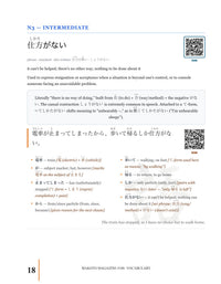 Intermediate vocabulary page explaining a Japanese expression with example sentence and word-by-word notes