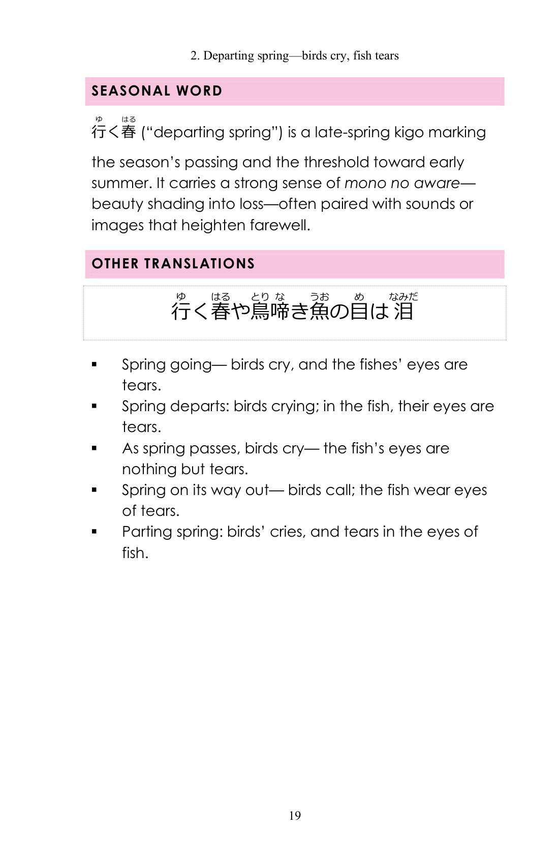 The seasonal word, explained, page 20 of Learn Japanese through Haiku: Further Journeys with Bashō