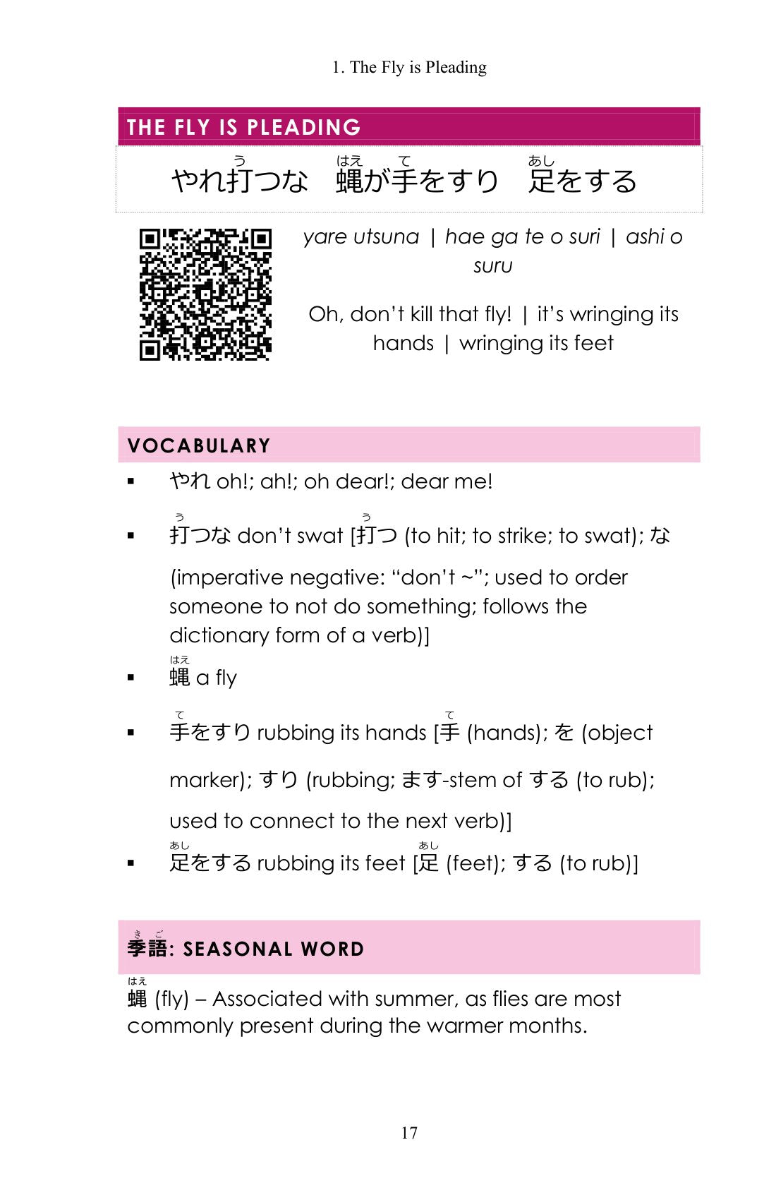 Each haiku, with reading and translation, page 18 of Learn Japanese through Haiku: Kobayashi Issa