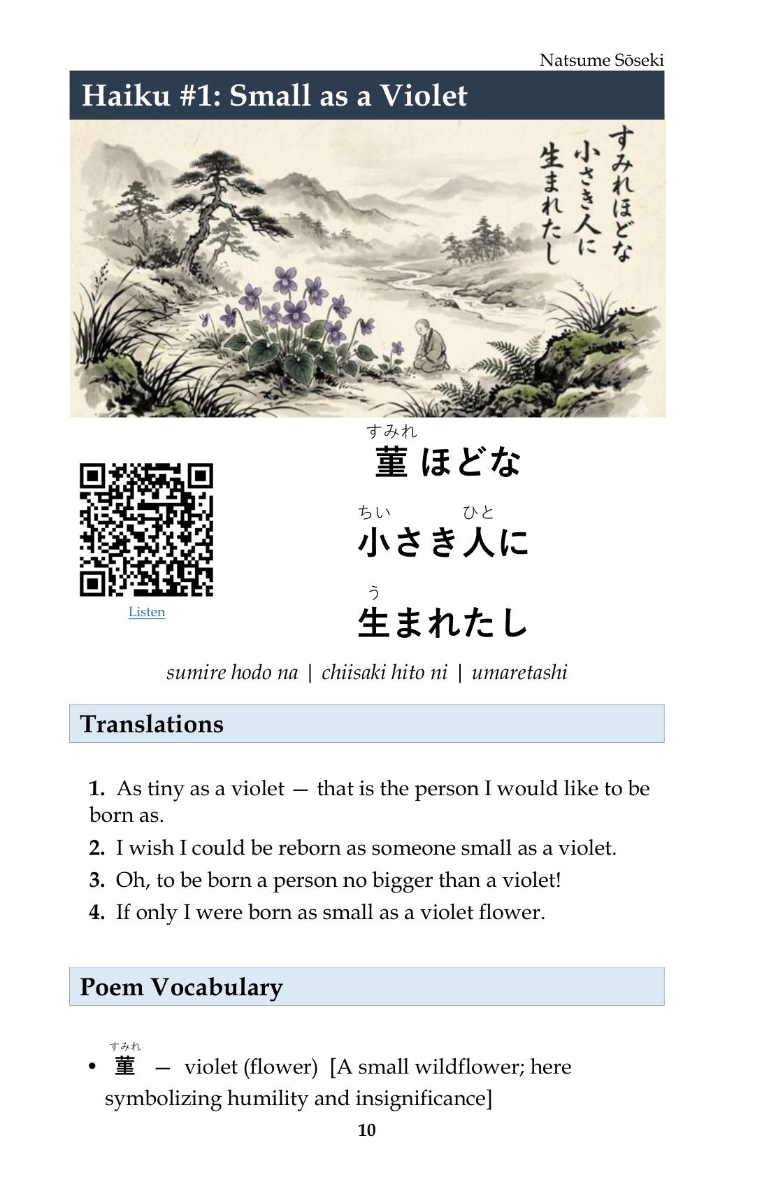 Each haiku, with audio, page 11 of Learn Japanese through Haiku: Natsume Sōseki