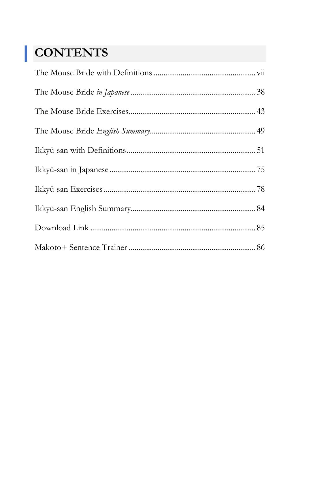 Contents, page 7 of Learn Japanese with Stories Volume 4: The Mouse Bride