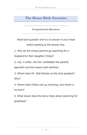 Exercises after every story, page 44 of Learn Japanese with Stories Volume 4: The Mouse Bride